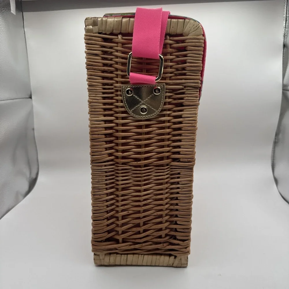 Lilly Pulitzer Wicker Wine Basket Rattan Cheek To Cheek Strap Carrier Floral